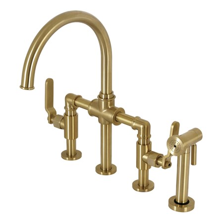Kingston Brass KS2337KL Industrial Style Bridge Kitchen Faucet with Brass Sprayer, Brushed Brass KS2337KL
